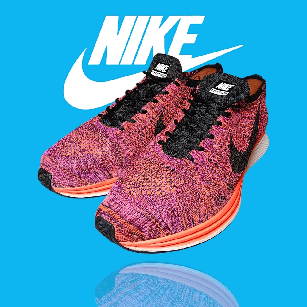 Nike Mens Flyknit Racer Running Shoe Sz 11 Acai Berry/Pink/Orange 526628-008 GUC